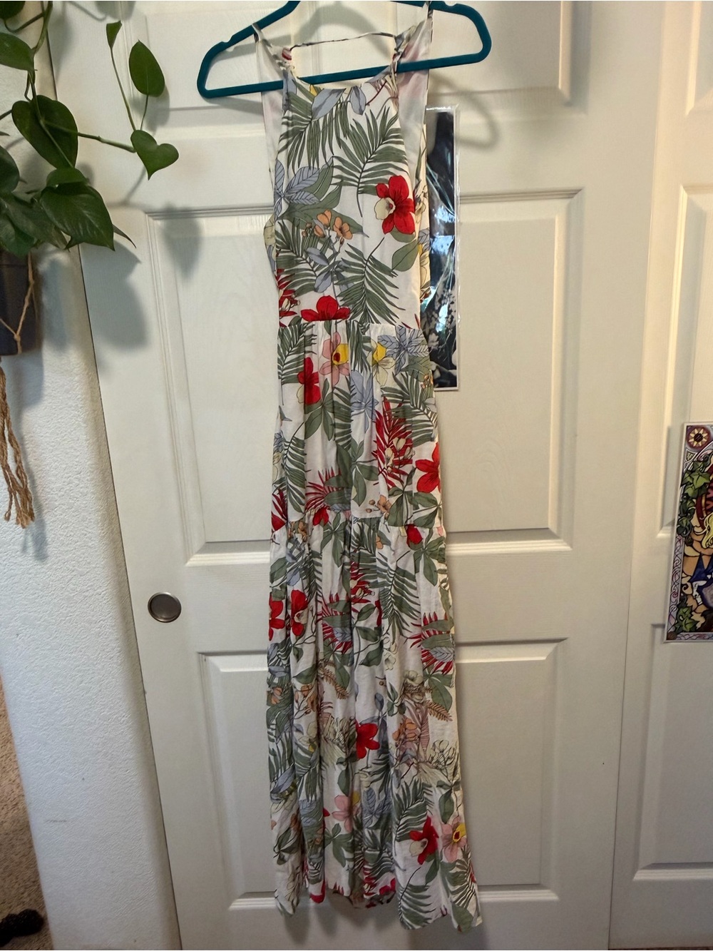 Lulu's White Maxi Dress with Red Floral & Green Leaf Print
